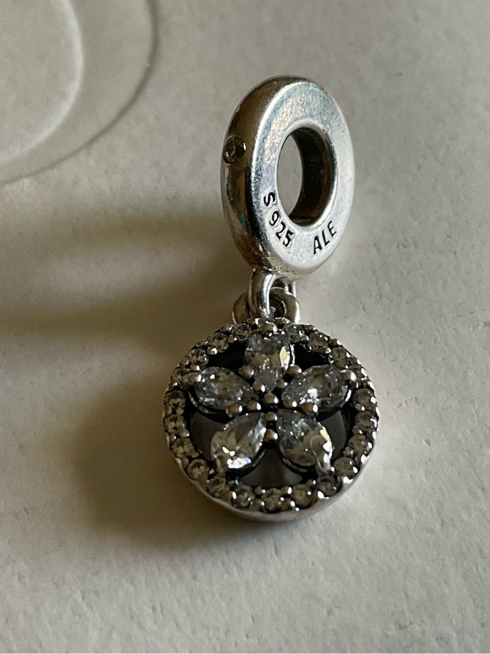 Pandora Silver Flower Dangle Charm with Clear Crystals
